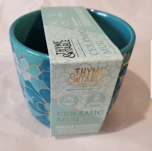Thyme & Table Ceramic Mug Teal Succulent Design Gold Detail 16oz.